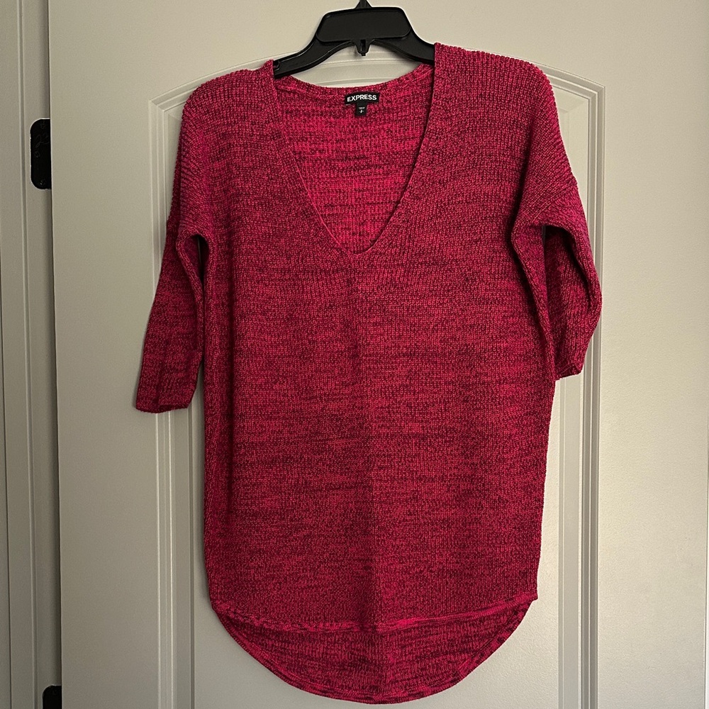Express Women's V-Neck Sweater in Vibrant Pink & Black